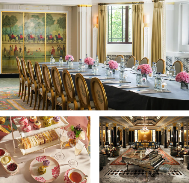 The Dorchester — ballroom, boardroom table and afternoon tea service